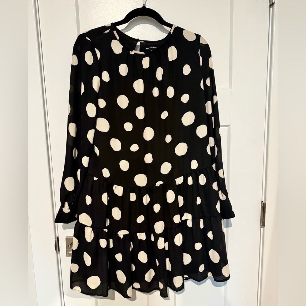 Who what wear polka dot dress with long sleeves and tiered skirt